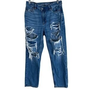 American Eagle Mom Jeans Womens 4 X-Short Medium Wash Distressed Crossover Waist